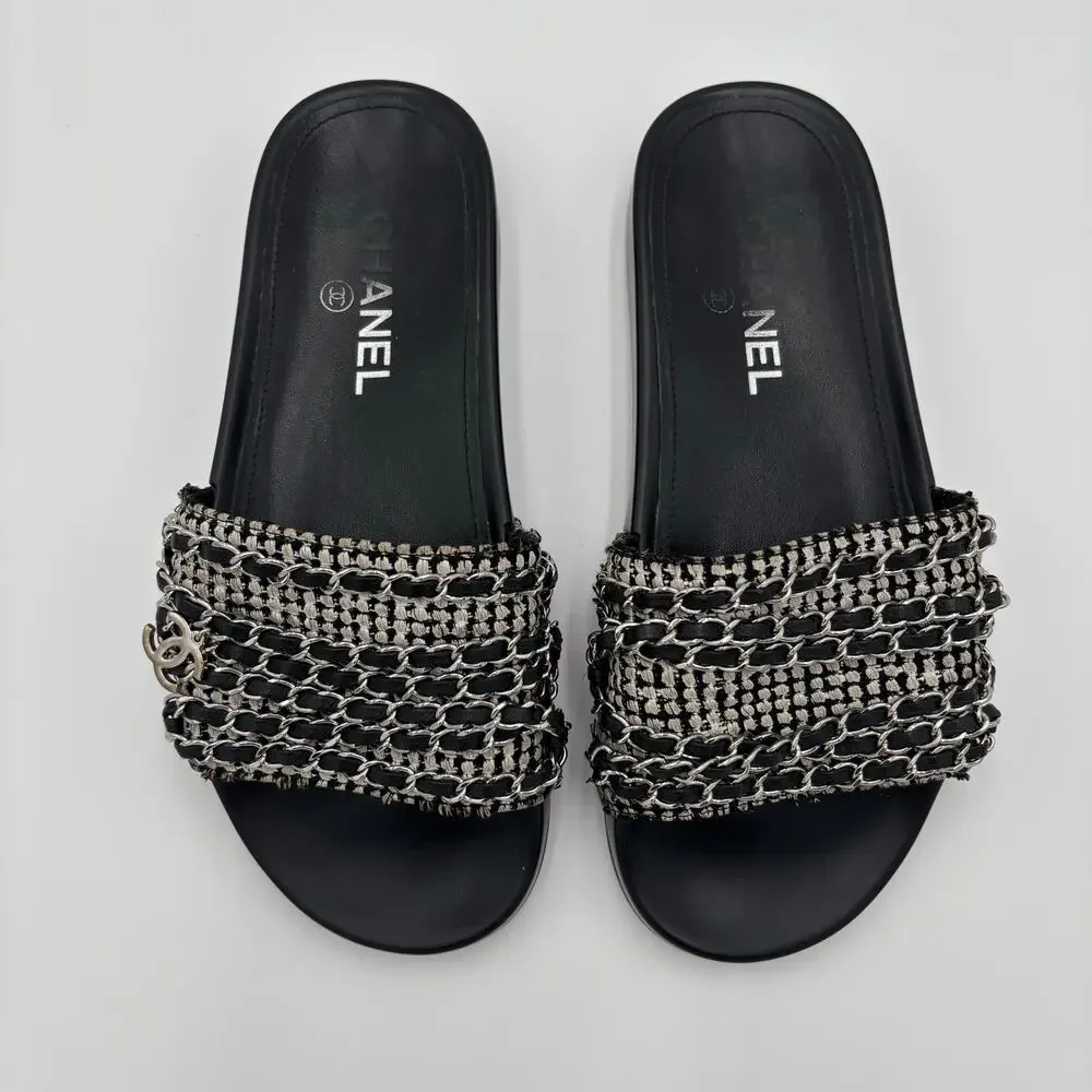 Chanel CC Chain Slide Sandals Flat Canvas Slip On Shoes Black Tweed Size 38